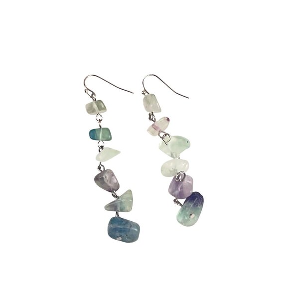 Natural Fluorite Gemstone Dangle Earrings With Silver Hook Boho Artisan Beachy - Picture 4 of 6